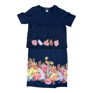 Sag Harbor Women's Two-Piece Navy Floral Set, Short Sleeve Sweater and Skirt, Si
